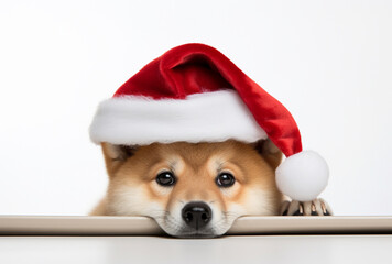 Dog in Santa hat peeking out from white background. puppies celebrate christmas. AI Generated Images