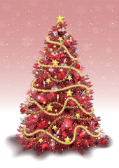 Decorated Christmas Tree in Red Colored Tones with Background with Falling Snow - Detailed Illustration for Your Merry Christmas Greeting, Vector - 681412477