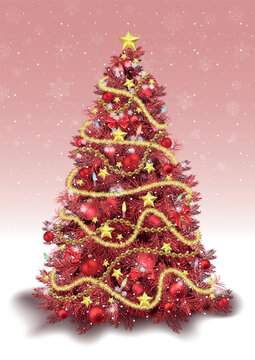 Decorated Christmas Tree in Red Colored Tones with Background with Falling Snow - Detailed Illustration for Your Merry Christmas Greeting, Vector
