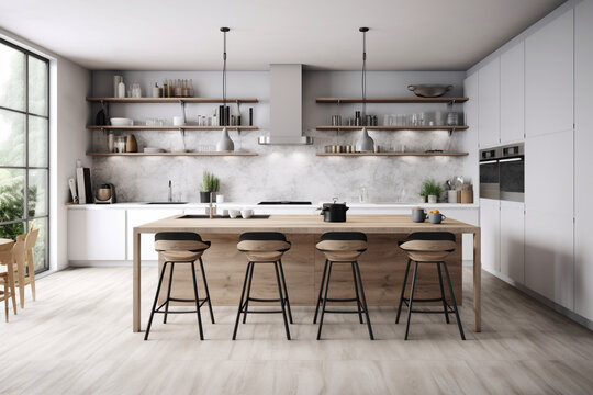 Modern kitchen white interior with wood material and houseplant.Long table with chairs nearby. Interior of a modern stylish kitchen with indoor plants. Scandinavian style, minimalistic 