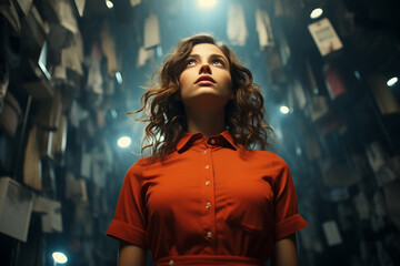 A young girl among books and paper pages. Bottom view.