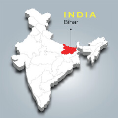 Bihar state map location in Indian 3d isometric map. Bihar map vector illustration
