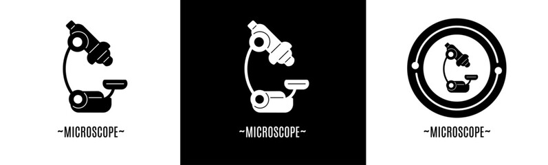 Microscope logo set. Collection of black and white logos. Stock vector.