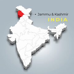 Jammu & Kashmir map location in Indian 3d isometric map. Jammu & Kashmir map vector illustration