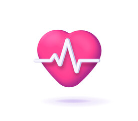 Heartbeat 3d icon vector render graphic, heart beat symbol cartoon red isolated on white background image clipart modern design, electrocardiogram pulse medical sign, ekg blood pressure element