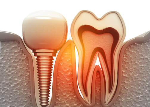 Dental implant and cross section of tooth. 3d illustration..