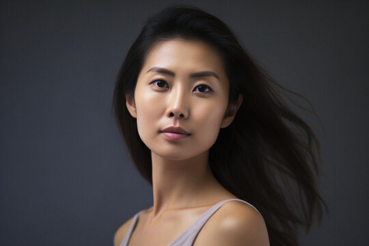Portrait of a beautiful young asian woman with long hair on gray background.