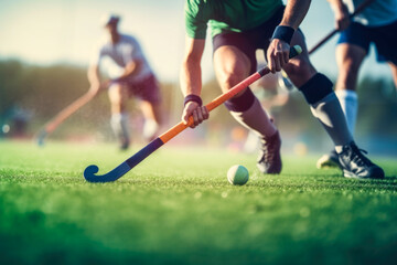 Close-up of hockey stick and ball in field hockey game. The concept is sports action.