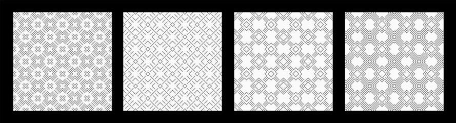 Set of four abstract seamless patterns with repeating geometric rhombuses, lattice backgrounds. Linear patterns. Geometric lattices. Black and white background. - obrazy, fototapety, plakaty