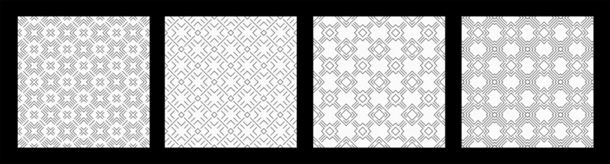 Deurstickers Set of four abstract seamless patterns with repeating geometric rhombuses, lattice backgrounds. Linear patterns. Geometric lattices. Black and white background. © Andrey