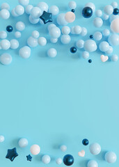 Blue vertical background with helium balloons, stars and copy space. It's a boy backdrop with empty space for text. Baby shower or birthday invitation, party. Baby boy birth announcement. 3D render.