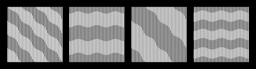 Set of four abstract striped eamless patterns with different thickness vertical stripes. Geometric lattices. Striped textures. Black and white vector backgrounds.