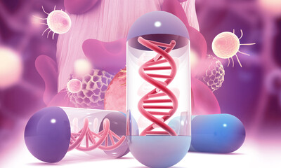 DNA pills on scientific background. 3d illustration..