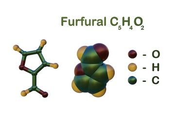Structural chemical formula and molecular models of furfural, an aldehyde of furan and important organic compound, isolated on white background. 3d illustration