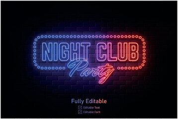 Vector neon effect light night party editable text effect and night club logo for neon text effect	