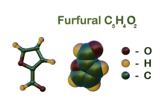 Structural chemical formula and molecular models of furfural, an aldehyde of furan and important organic compound, isolated on white background. 3d illustration