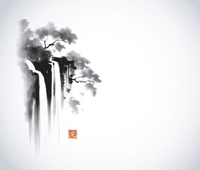 Ink painting of small forest waterfall. Traditional oriental ink painting sumi-e, u-sin, go-hua. Translation of hieroglyph - perfection - obrazy, fototapety, plakaty