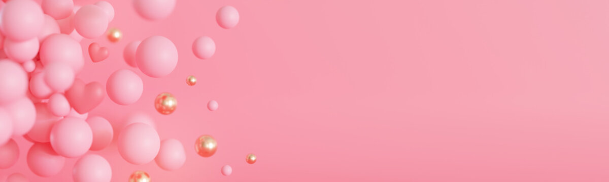 Pink background with bubbles, hearts and copy space. It's a girl banner with empty space. Baby shower or birthday invitation. Baby girl birth announcement. Valentine's Day, Mother's, Women's Day. 3D.