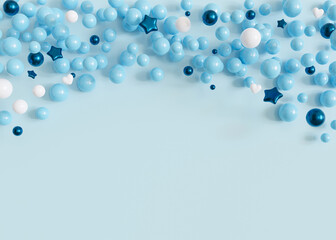 Blue background with helium balloons, stars and copy space. It's a boy backdrop with empty space for text. Baby shower or birthday invitation, party. Baby boy birth announcement. 3D render. - obrazy, fototapety, plakaty