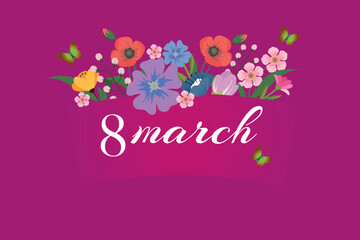 March 8, Women's Day greeting card or banner, March 8 vector design illustration with flowers on bright pink background.