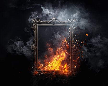 Picture frame in fire embers particles over black background. Fire sparks background. Abstract dark glitter fire particles lights.