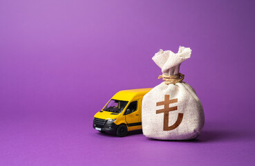 Turkish lira money bag and delivery van. Logistics industry, driver shortages. Last-mile delivery...