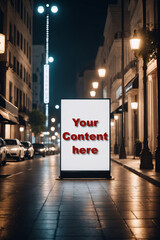 Mockup: Leere weiße vertikale Werbetafel auf dem Bürgersteig in der Nacht für Ihre Inhalte.