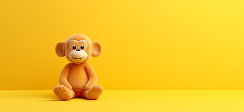 monkey doll on yellow gradient background. Generative AI image.