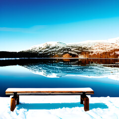 a winter sky-blue lake seen from a wooden bench, generation ai, 생성형, 인공지능