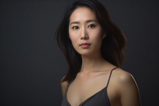 Portrait of a beautiful Asian woman in black top on dark background.
