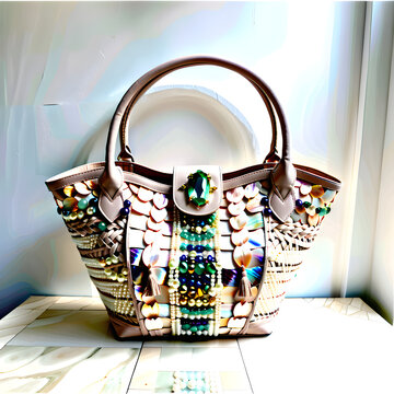 Nature-Inspired Elegance: A women's handbag crafted with mother-of-pearl, pearls, and gemstones..(Generative AI) 