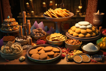 Fototapeta premium Arabic sweets, pastries cookies on served table. bakery. Arabic pastries concept