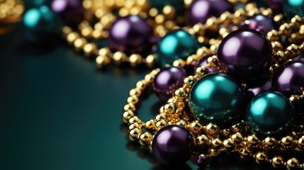 Banner with gold, purple and green Mardi Gras beads and place for text - obrazy, fototapety, plakaty