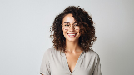 Portrait of beautiful young woman with curly hair and glasses smiling at camera.