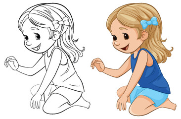 Smiling Cartoon Girl Sitting with Outline for Coloring Pages