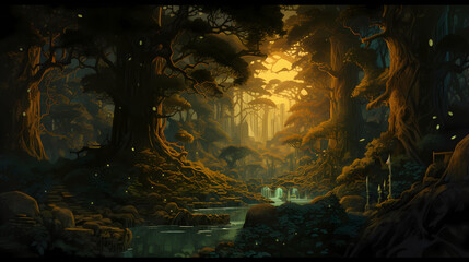 Fantasy beautiful landscape with mystic fairy tale forest.