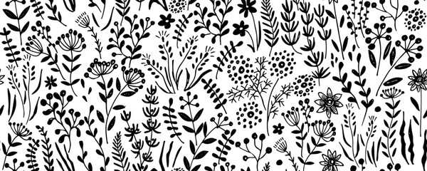 Elegant floral pattern meadow wild flowers. Floral seamless background for fashion prints. Ditsy print. Abstract plant motif. Black brush painted floral ornament. Spring bouquet.