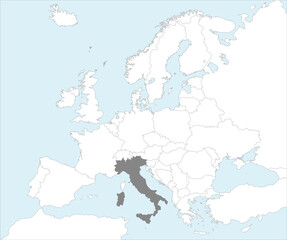 Gray CMYK national map of ITALY inside detailed white blank political map of European continent on blue background using Mollweide projection