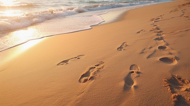 Capture the serene beauty of footprints on the beach sand during sunrise, with the soft morning light casting long shadows and creating a tranquil atmosphere, AI generated, background image