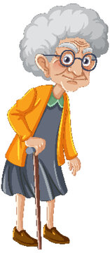Elderly Woman Cartoon Character Walking with Glasses and Stick
