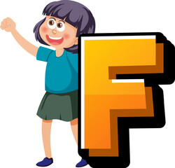 English Letters F Alphabet Font with Cartoon Boy and Girl Characters