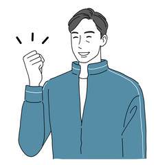 ガッツポーズするスポーツウェアの中高年男性