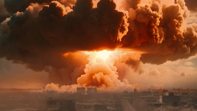 Nuclear war apocalypse concept. Explosion of nuclear bomb in city. City destroyed by atomic war. Creative artwork decoration in dark. Selective focus