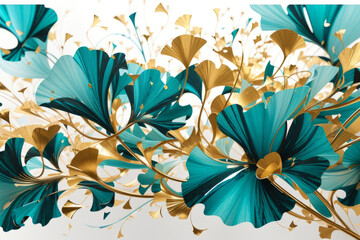 Abstract floral illustration of ginko petals in teal and golden colour, 3d