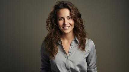 Obraz premium Portrait of a beautiful young woman with long curly hair in a gray shirt.