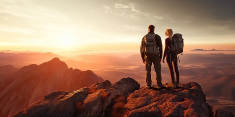 Fototapeta premium Couple man and woman hikers on top of a mountain at sunset or sunrise, together enjoying their climbing success and the breathtaking view, looking towards the horizon