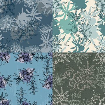 Seamless pattern with juniper: berries juniper and a branch. Cosmetics and medical plant. Hand drawn illustration Vintage holiday decor.