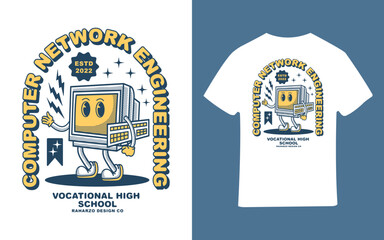 vector illustration of computer and network engineering t-shirt, monitor, keyboard, technical, program, retro, vintage, good design for screen printing