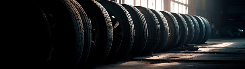 Car tires at large warehouse with a natural sunset backlight. Generative AI.