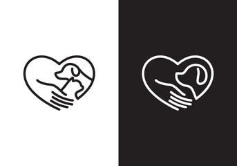 dog and cat logo design. love pet care white linear style concept element symbol vector illustration.